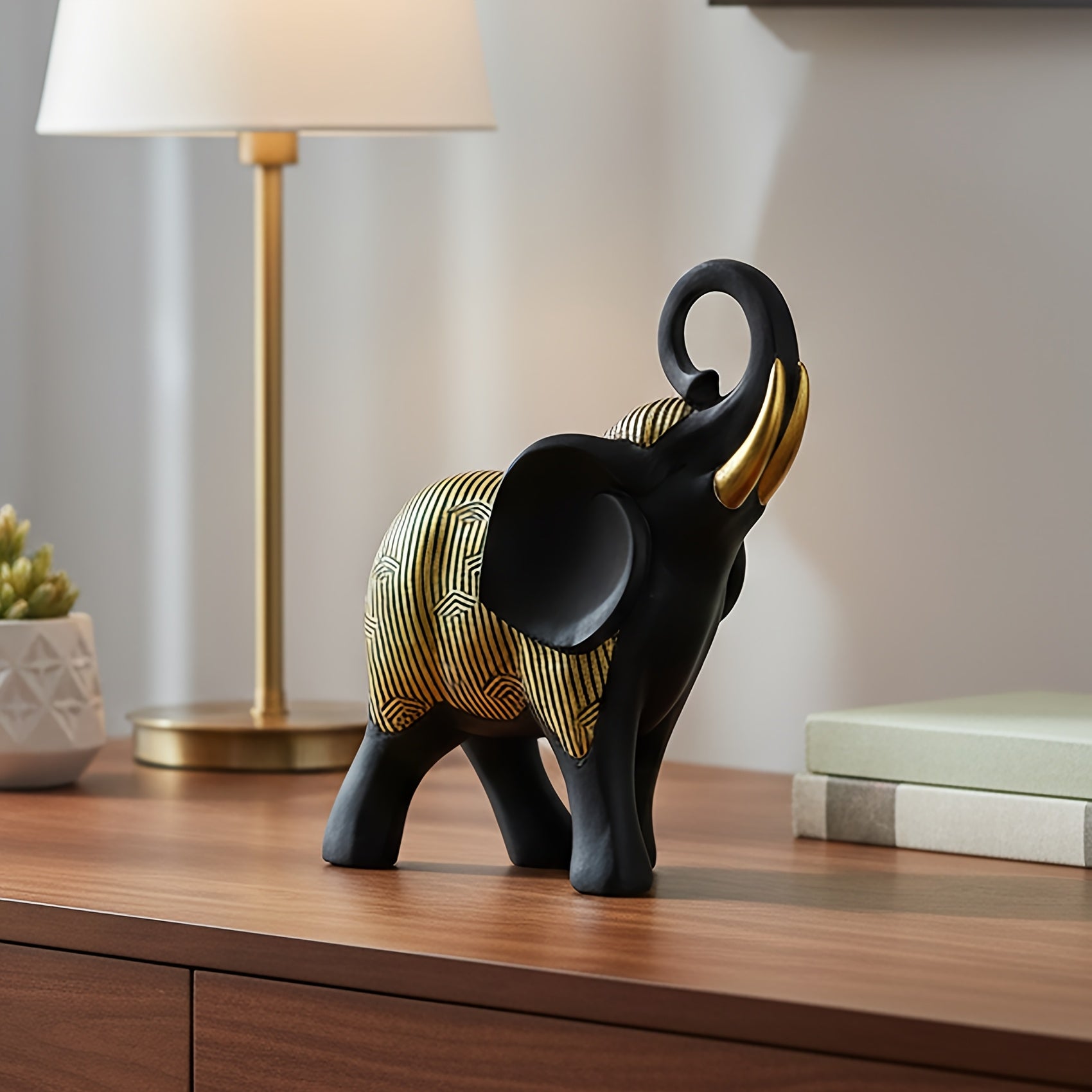 Tnessential Golden Striped Black Elephant Collectible Figurines 3D Decor