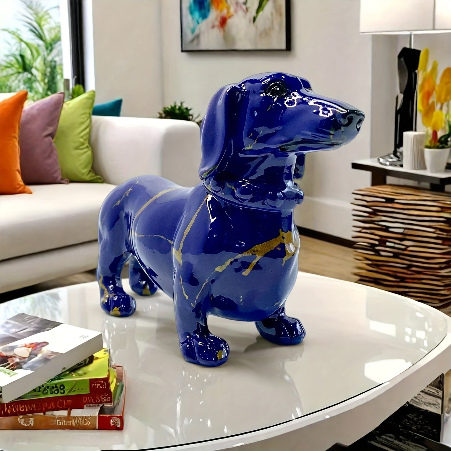 Tnessential Modern Creative Navy Blue Dachshund Decoration with Golden 3D Decor