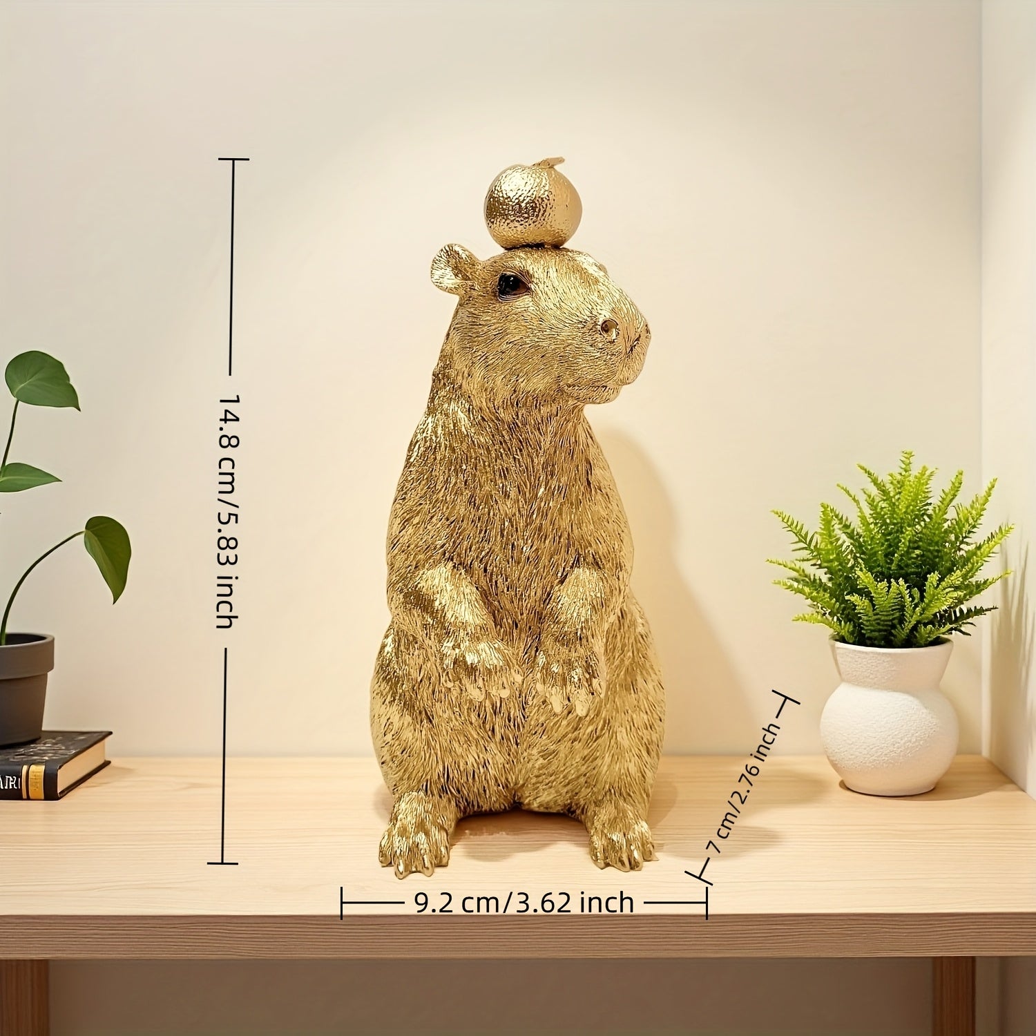 Tnessential Golden Capybara Statue with Orange on Head 3D Decor