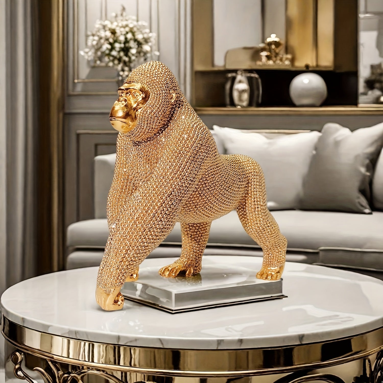 Tnessential Shiny Golden Dot Gorilla Statue Decoration 3D Decor