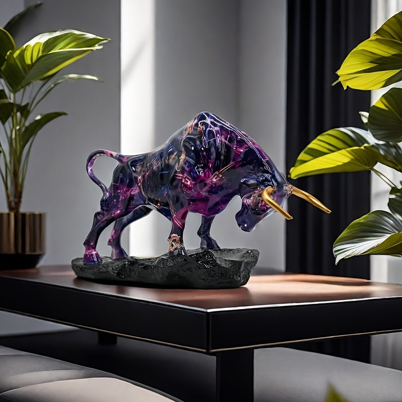 Tnessential Majestic Purple Resin Bull Statue with Golden Horns 3D Decor