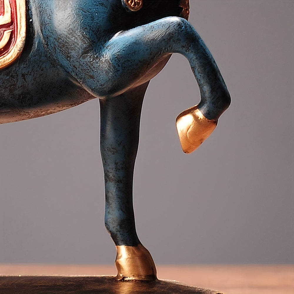 Tnessential Elegant Hand-painted Blue and Golden Horse Sculpture 3D Decor
