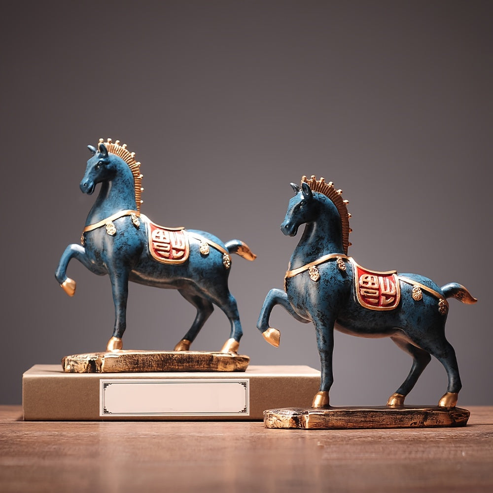 Tnessential Elegant Hand-painted Blue and Golden Horse Sculpture 3D Decor