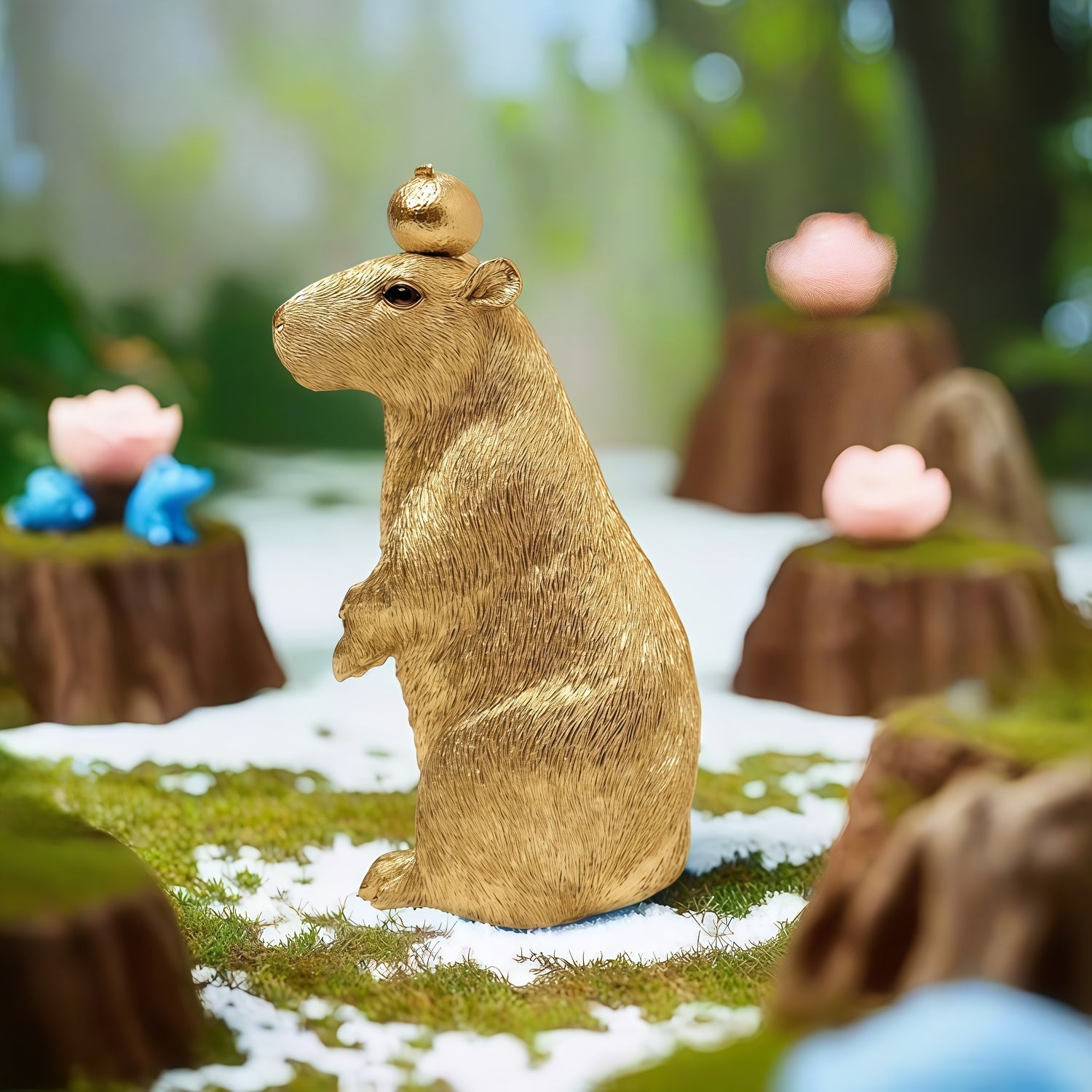 Tnessential Golden Capybara Statue with Orange on Head 3D Decor