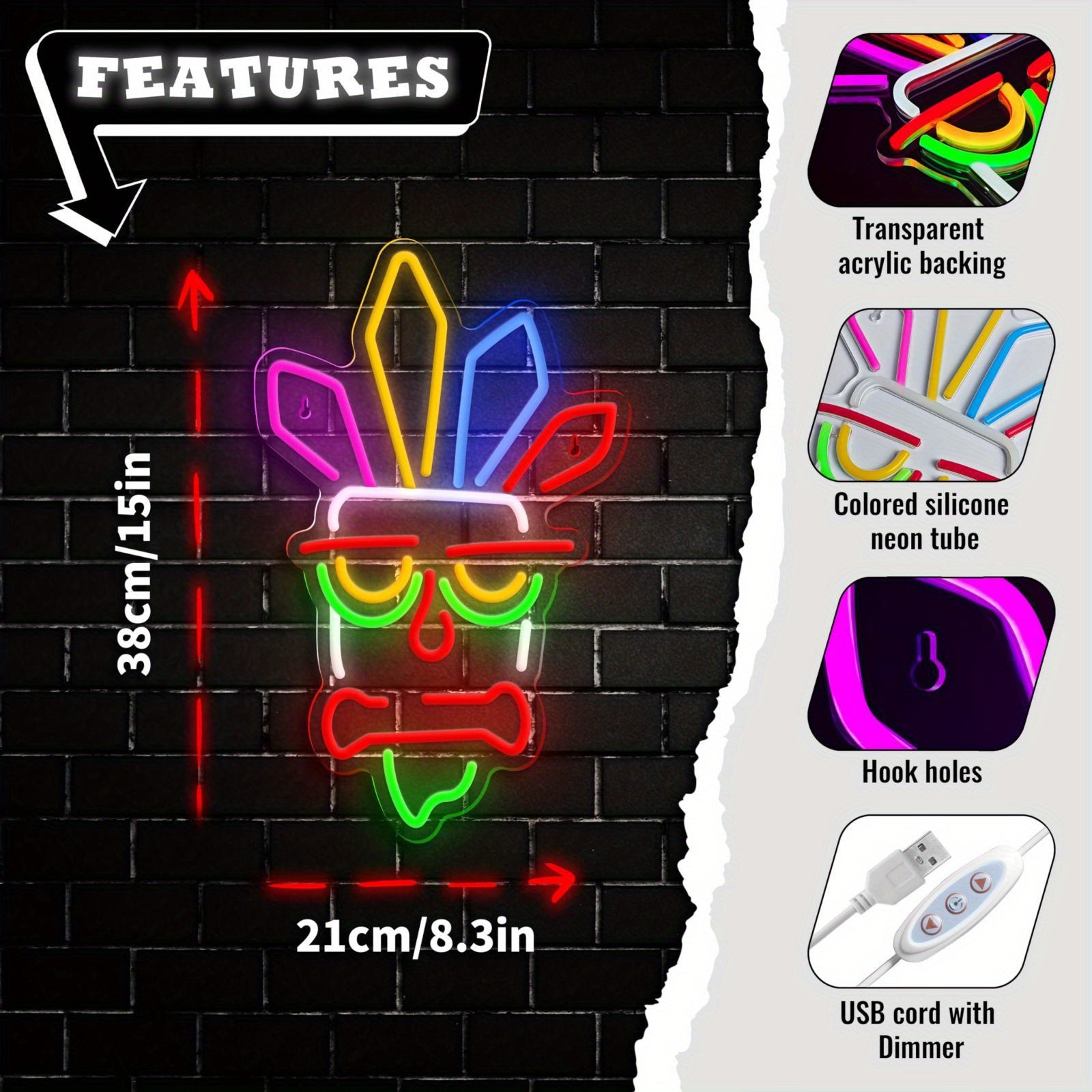 Tnessential Vibrant RGB LED Tiki Mask Neon Sign 3D Decor