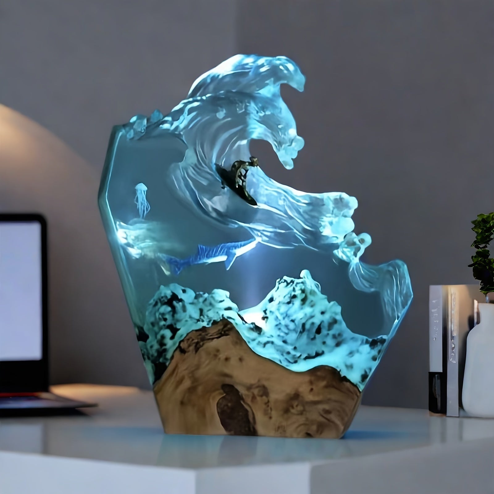 Tnessential Handcrafted Surf Whale Resin Lighting Featuring a Dimmable 3D Decor