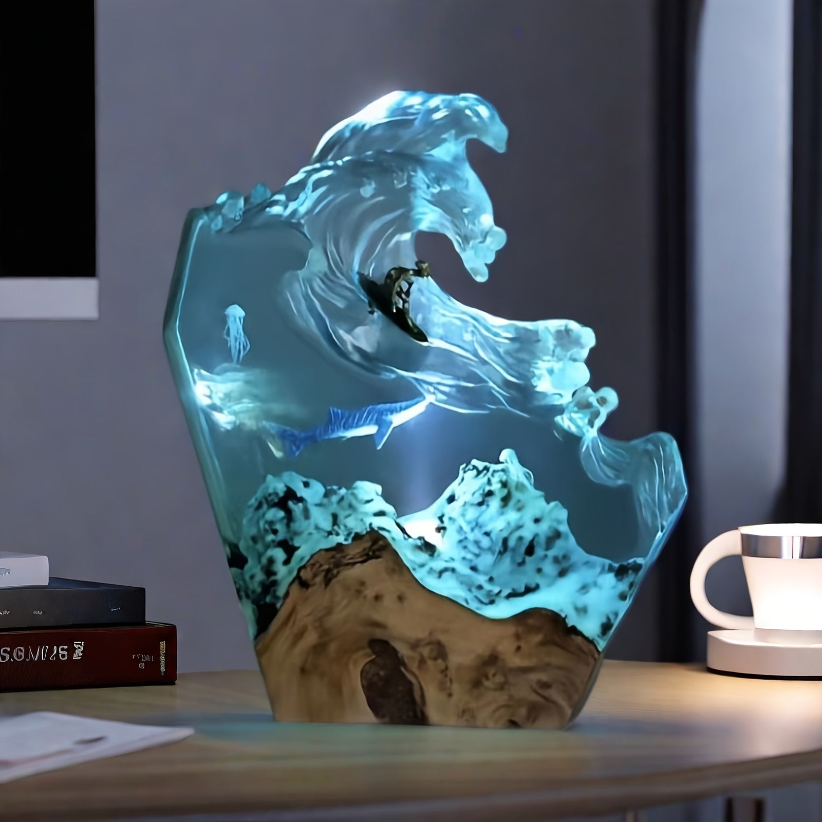 Tnessential Handcrafted Surf Whale Resin Lighting Featuring a Dimmable 3D Decor