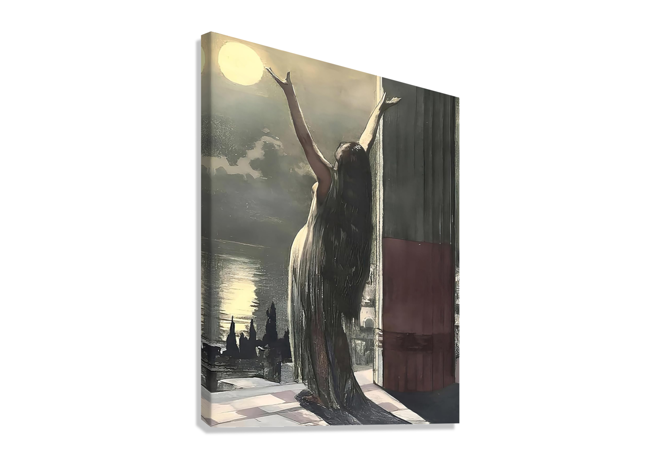 Elegant Canvas Poster of a Woman Standing in Moonlight