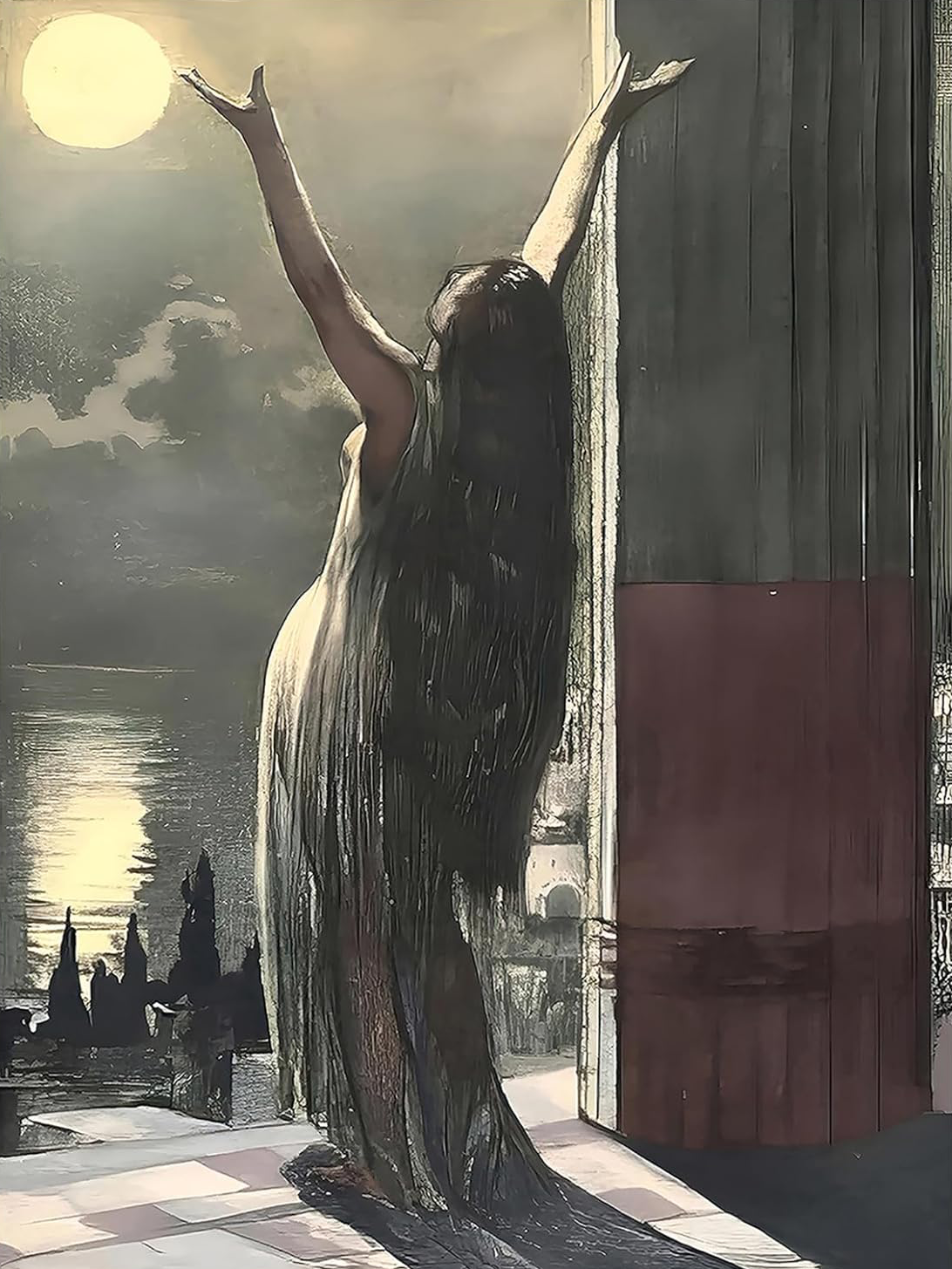 Elegant Canvas Poster of a Woman Standing in Moonlight