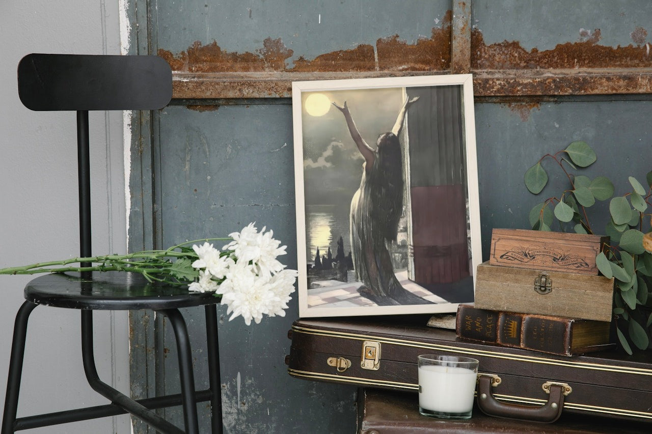 Elegant Canvas Poster of a Woman Standing in Moonlight