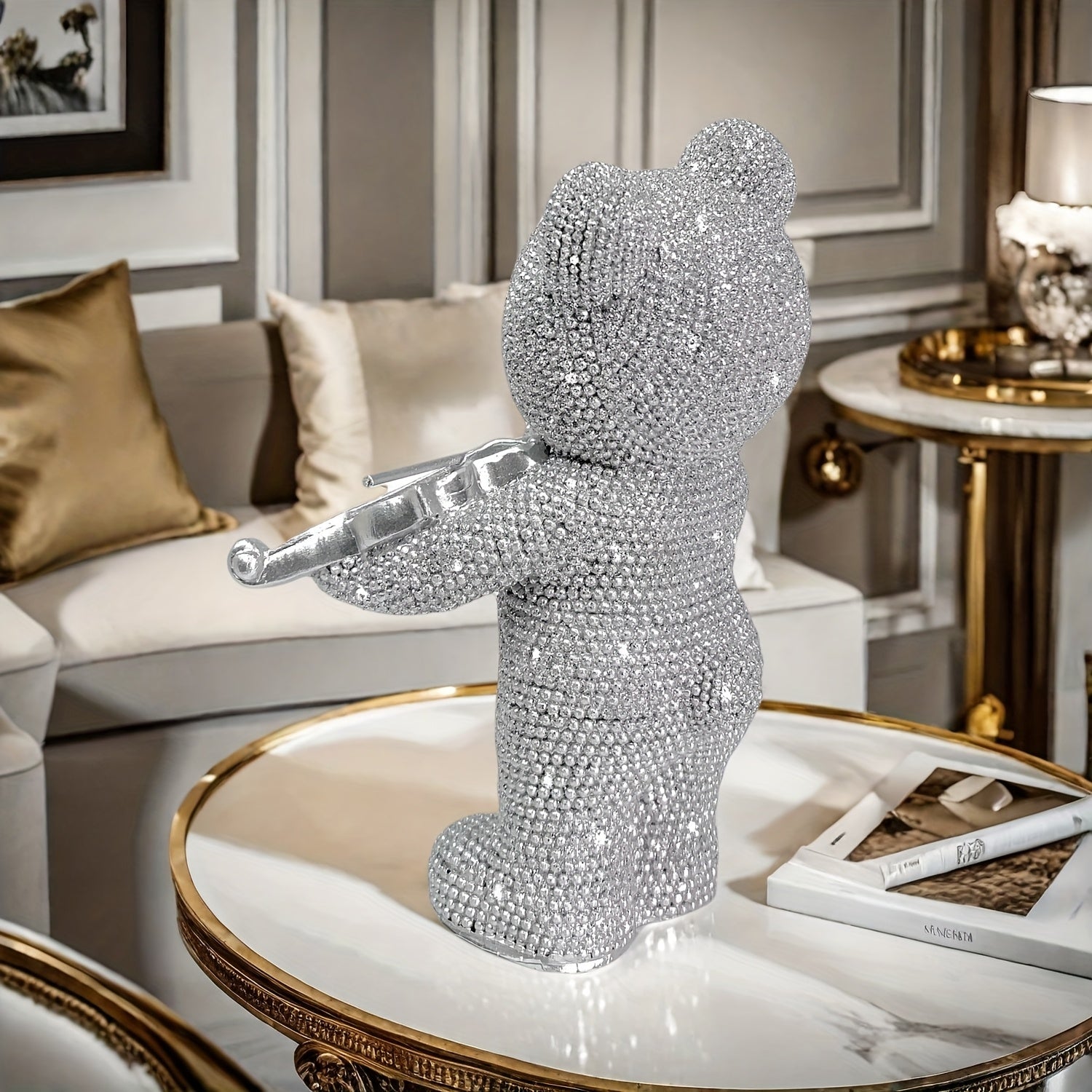 Tnessential Beautiful Beaded Bear Violinist Statue 3D Decor