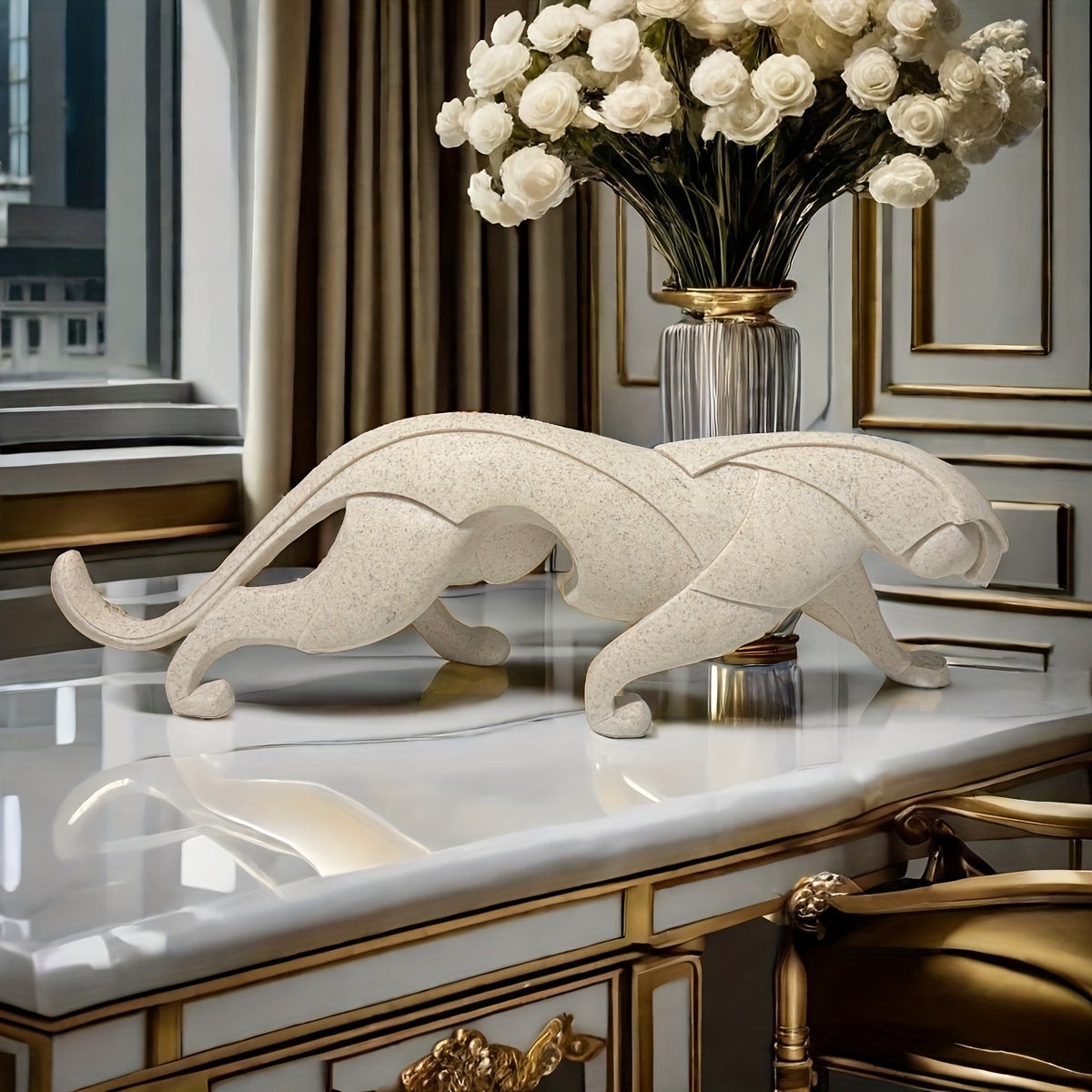 Tnessential Hand Carved Resin Walking Leopard Statue Ornament 3D Decor