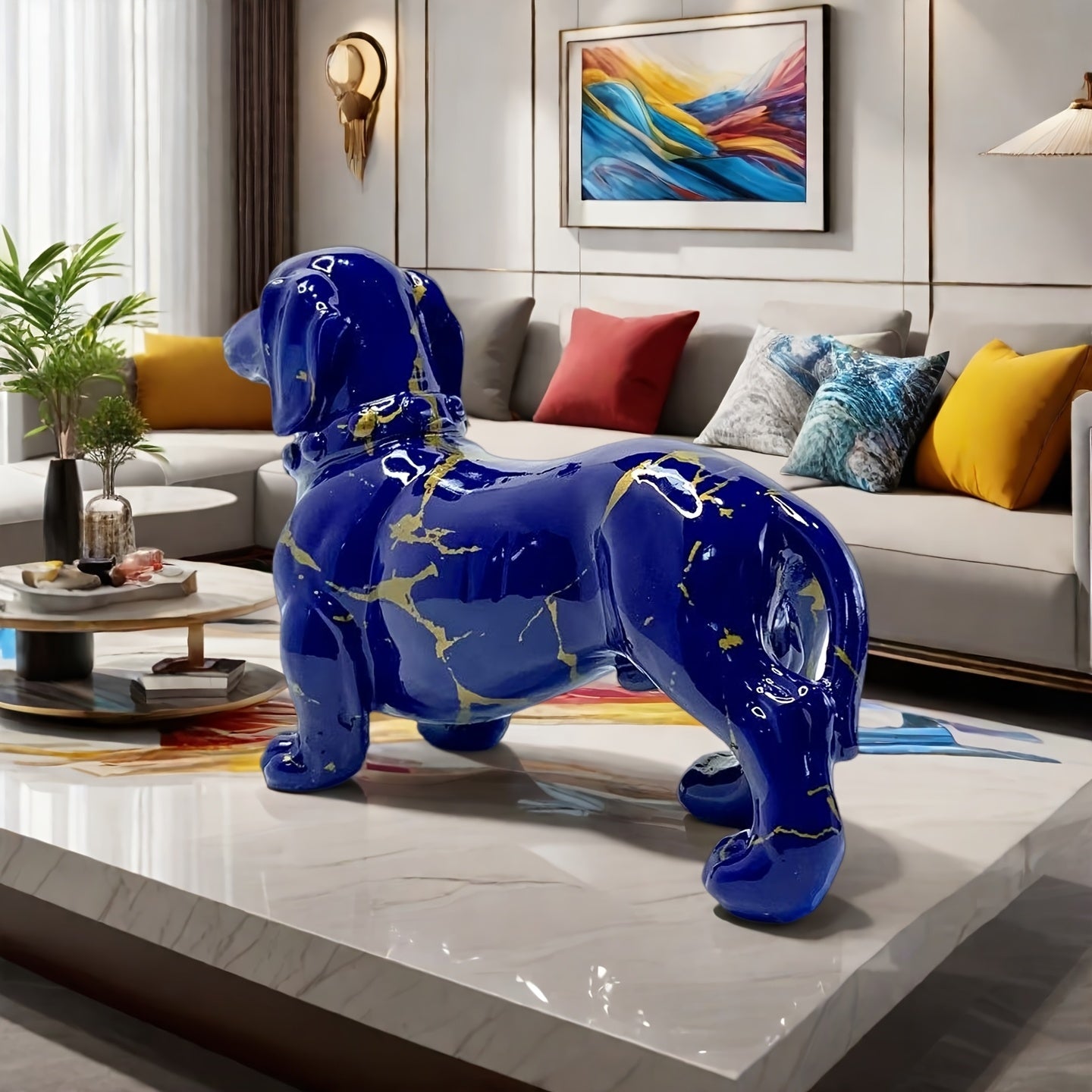 Tnessential Modern Creative Navy Blue Dachshund Decoration with Golden 3D Decor