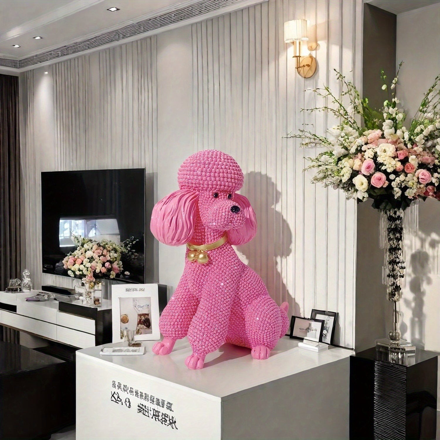Tnessential Pink Dotted Bell Poodle Dog Statue Ornament 3D Decor