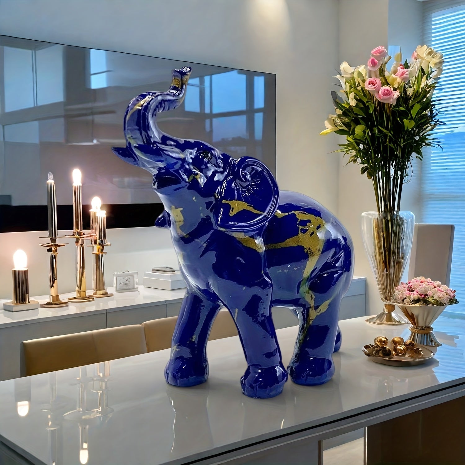Tnessential Dark Blue Resin Elephant Statue with Golden Accents 3D Decor