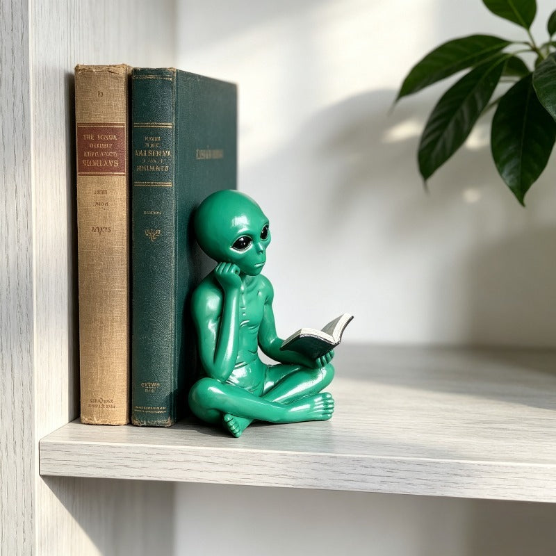 Tnessential Alien Figurine Reading Book Statue 3D Decor