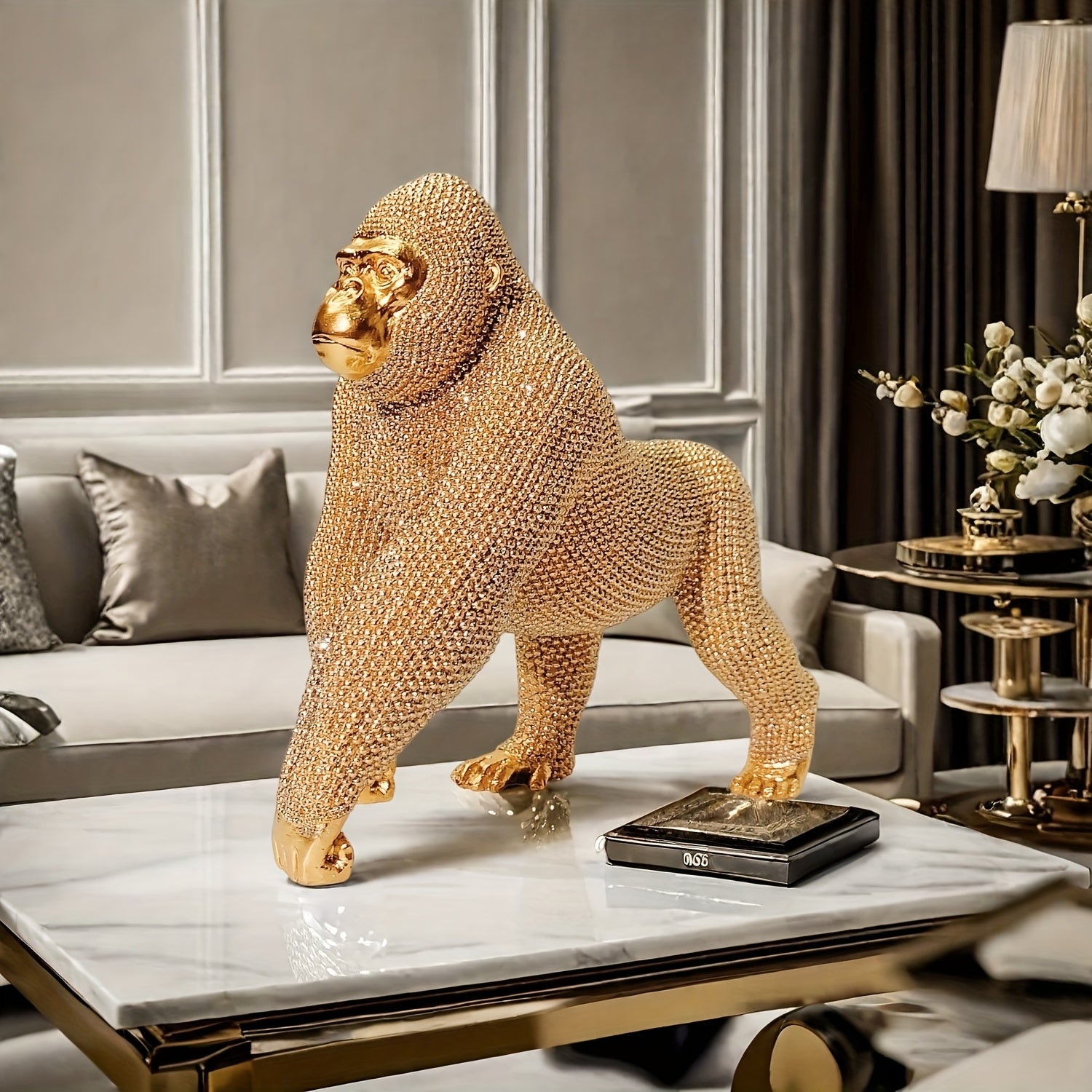 Tnessential Shiny Golden Dot Gorilla Statue Decoration 3D Decor