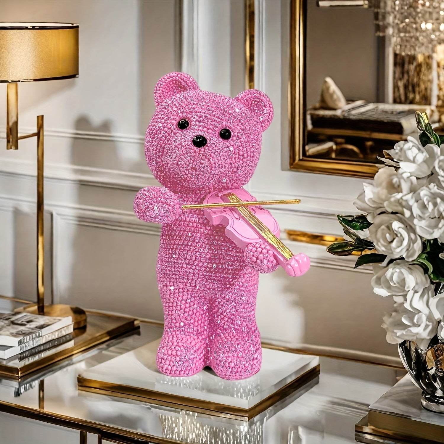 Tnessential Beautiful Beaded Bear Violinist Statue 3D Decor
