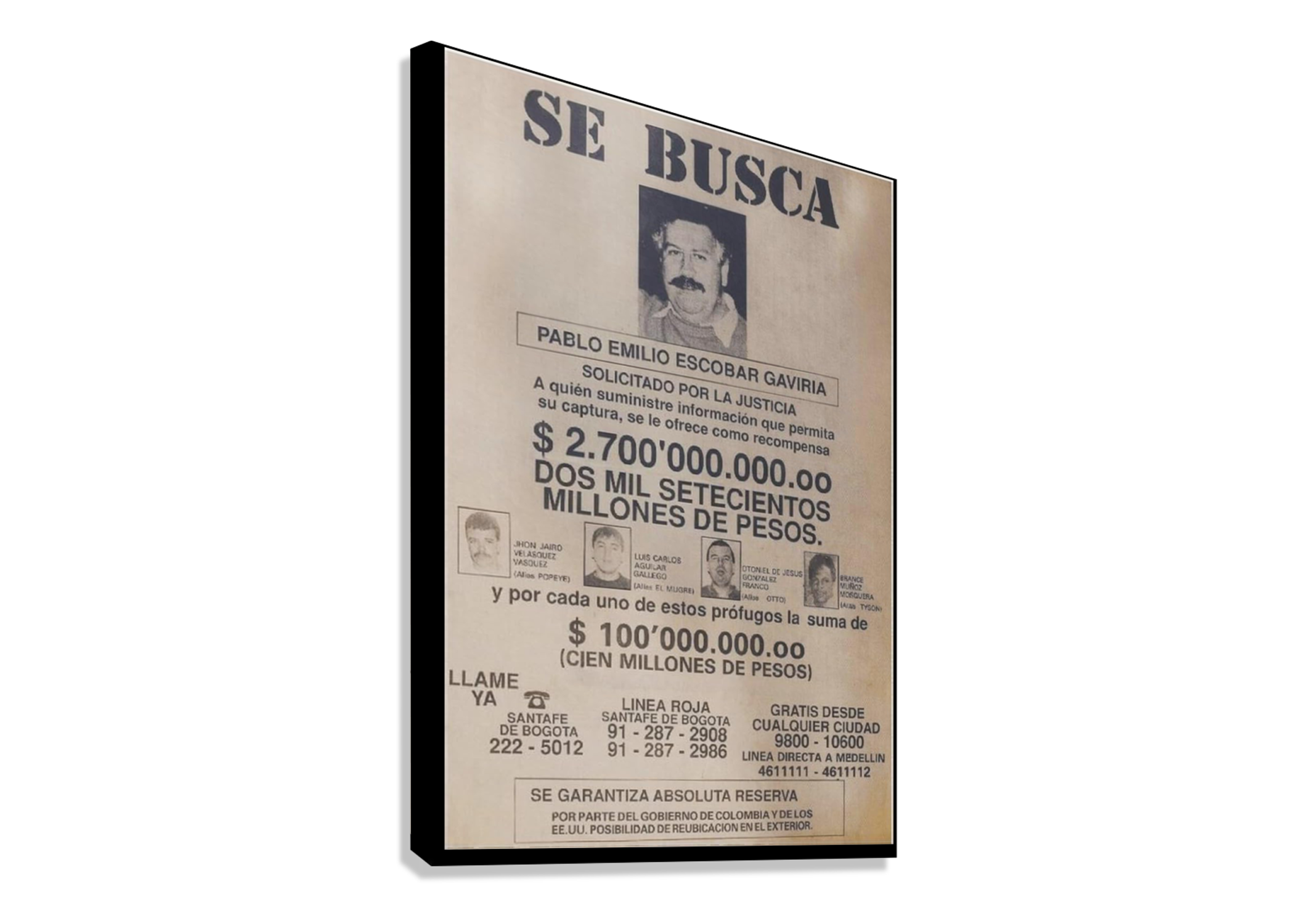 PABLO ESCOBAR MUG SHOT CANVAS POSTER