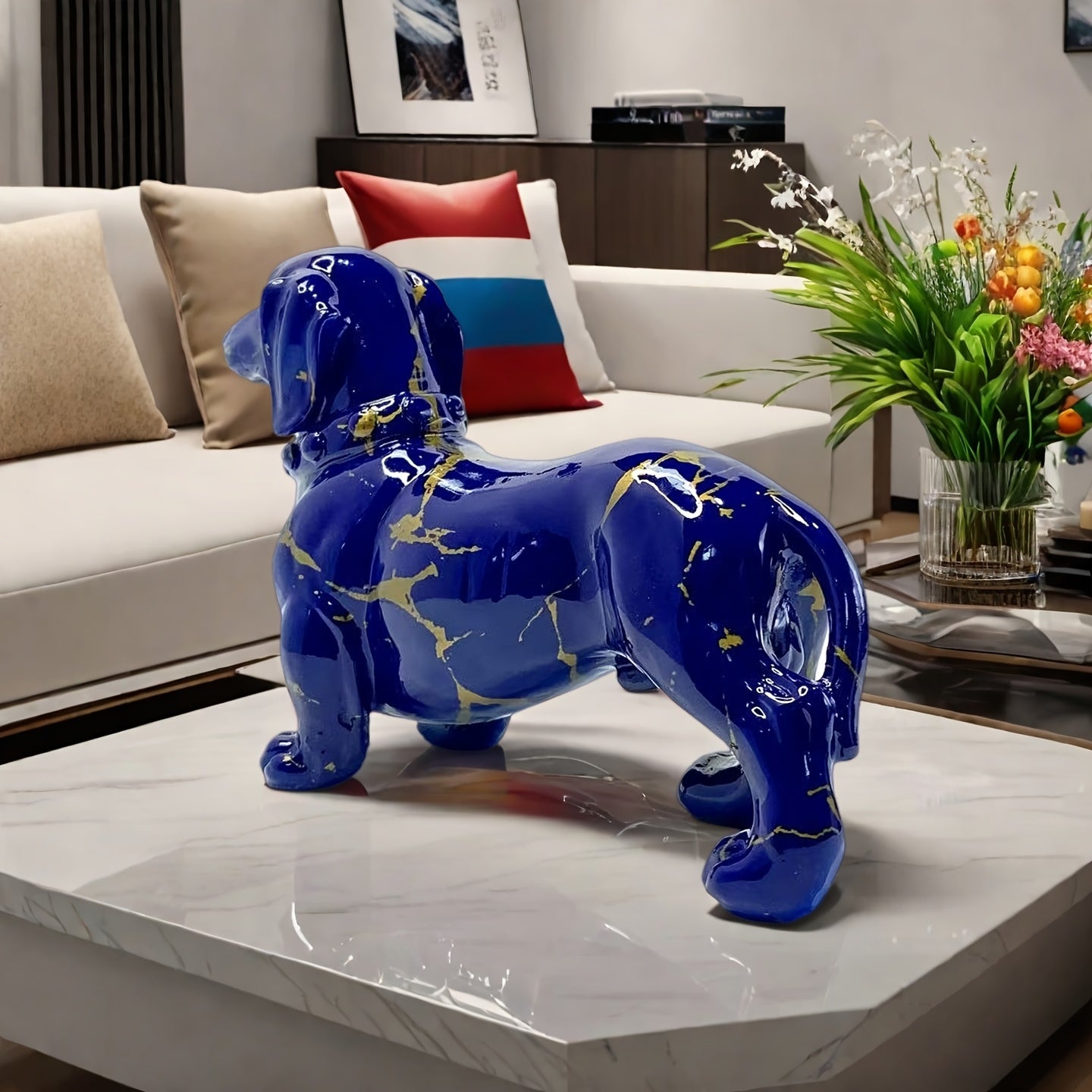 Tnessential Modern Creative Navy Blue Dachshund Decoration with Golden 3D Decor