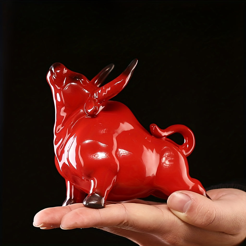 Tnessential Ceramic Red Zodiac Cow Tea Pet Decoration for Tabletop Ox 3D Decor