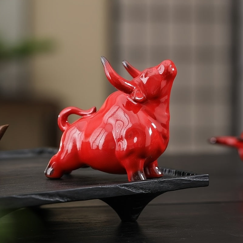 Tnessential Ceramic Red Zodiac Cow Tea Pet Decoration for Tabletop Ox 3D Decor