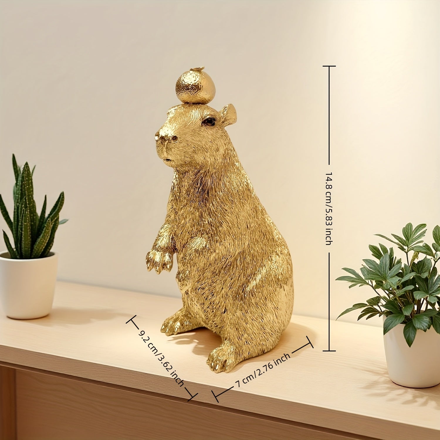 Tnessential Golden Capybara Statue with Orange on Head 3D Decor