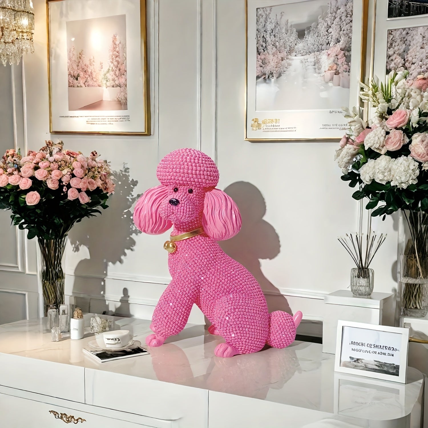 Tnessential Pink Dotted Bell Poodle Dog Statue Ornament 3D Decor