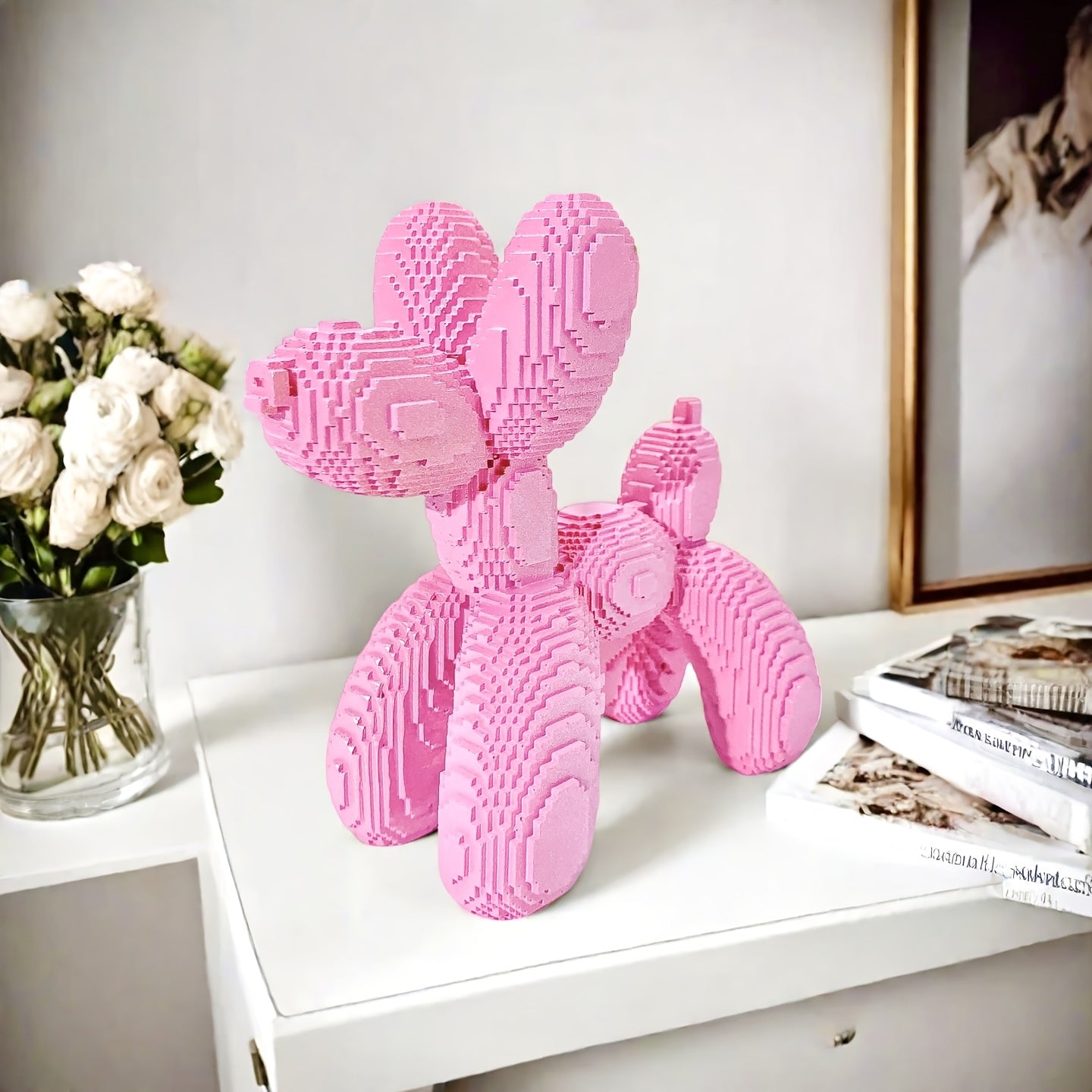 Tnessential One Pink Balloon Dog Statue Designed Like a Building Block 3D Decor