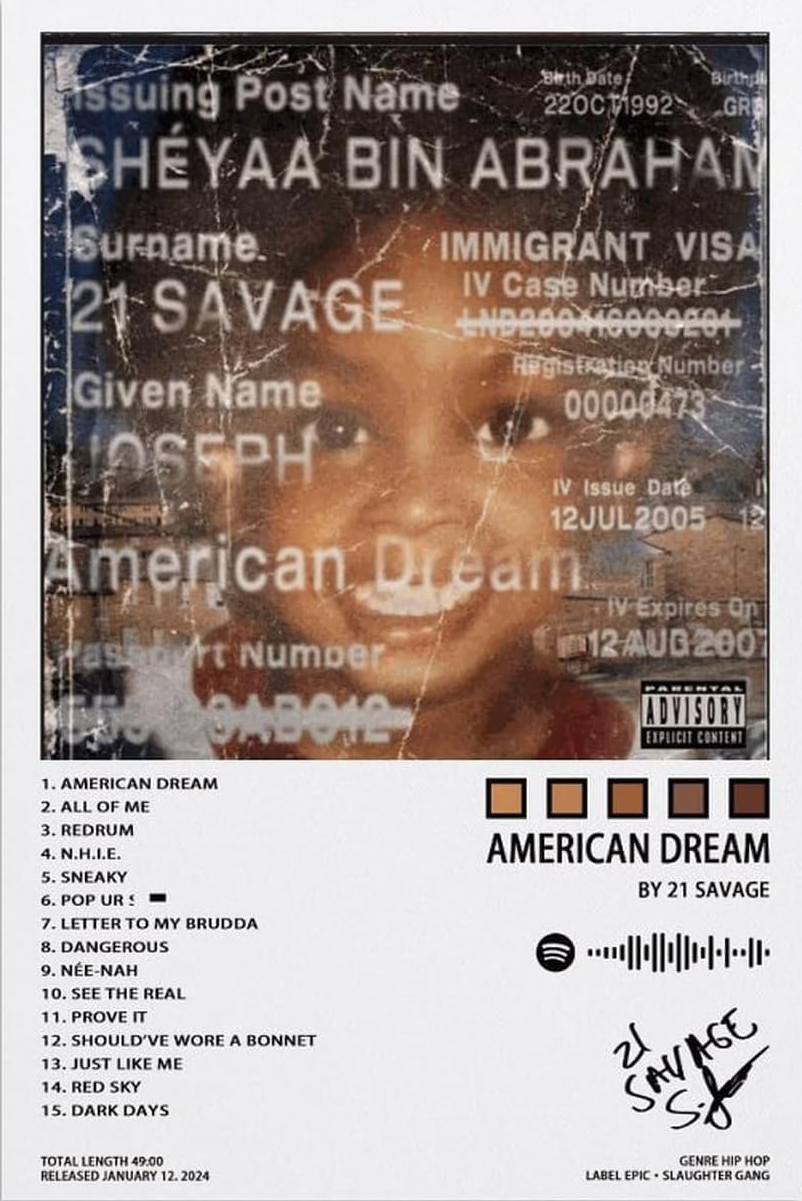 21 SAVAGE "AMERICAN DREAM " CANVAS POSTER