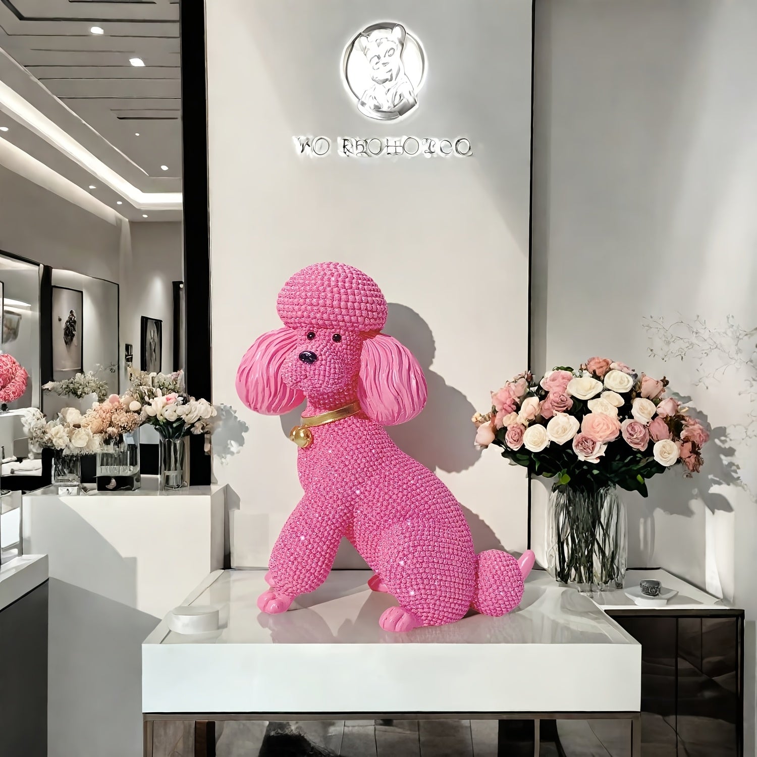 Tnessential Pink Dotted Bell Poodle Dog Statue Ornament 3D Decor