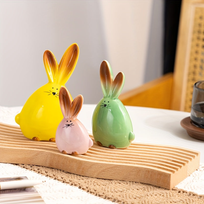 Tnessential Elegant Ceramic Rabbit Figurine Set of 3 with Rare Pink 3D Decor