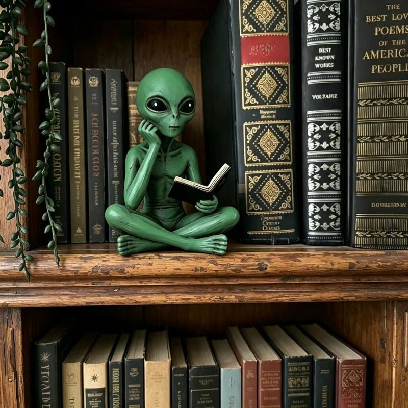 Tnessential Alien Figurine Reading Book Statue 3D Decor