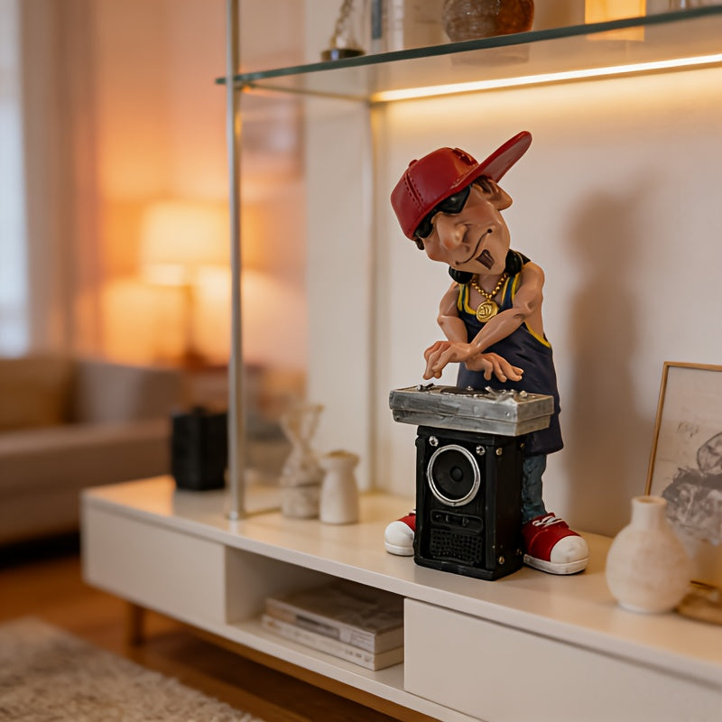 Tnessential Resin DJ Statue with Red Hat & Golden Chains 3D Decor