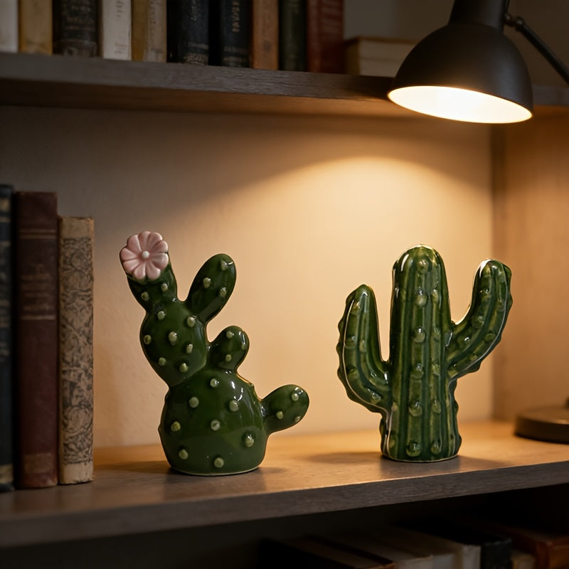 Tnessential Vintage Green Ceramic Cactus Storage Ornament 3D Decor