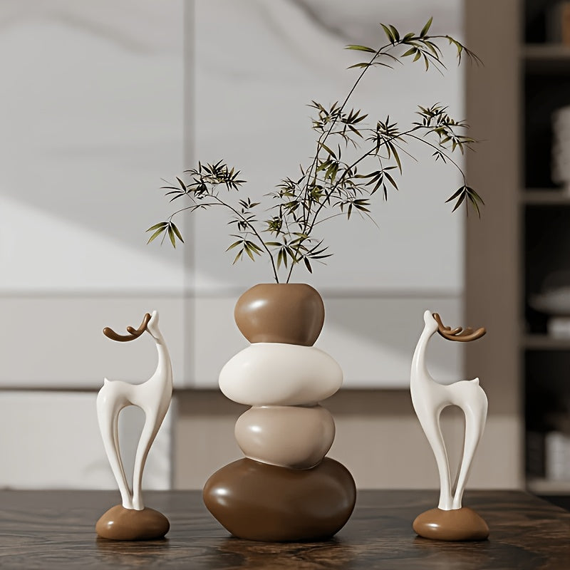 Tnessential Anime-themed Layered Stone Vase & Deer Figurine 3D Decor