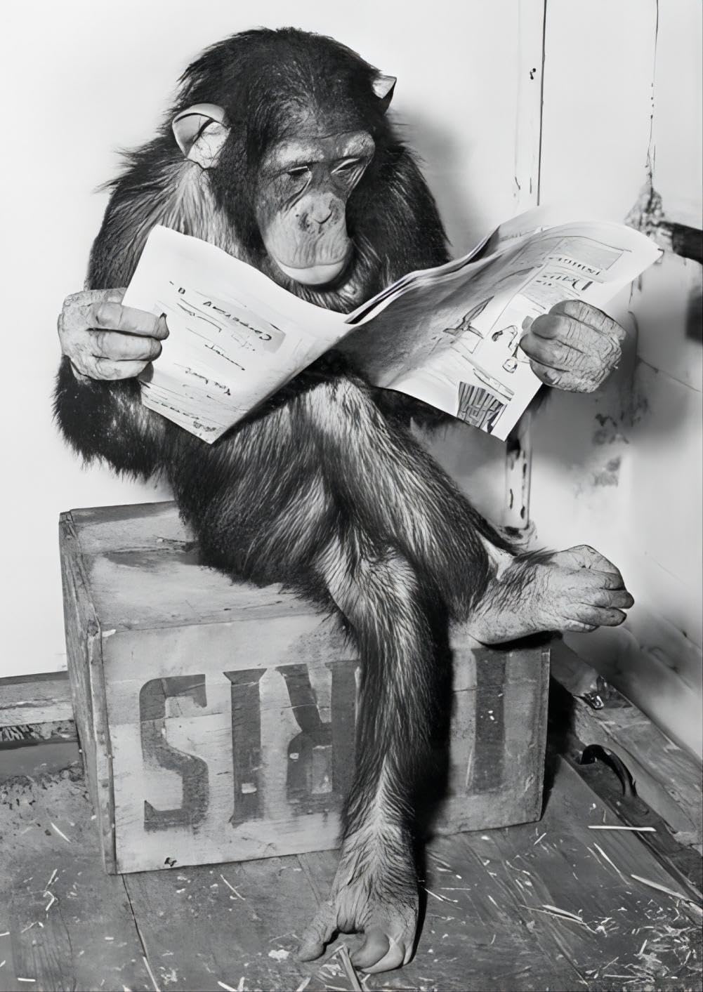 CUTE MONKEY SITTING AND READING NEWSPAPER CANVAS POSTER