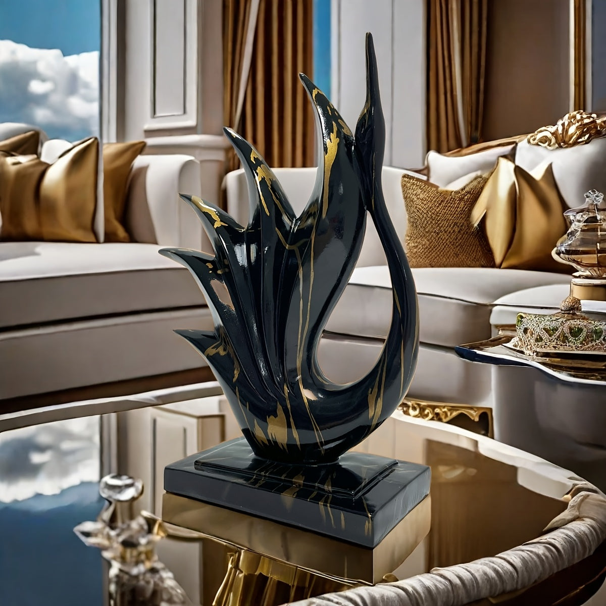 Tnessential Black Golden Elegant Dancing Swan Resin Sculpture 3D Decor