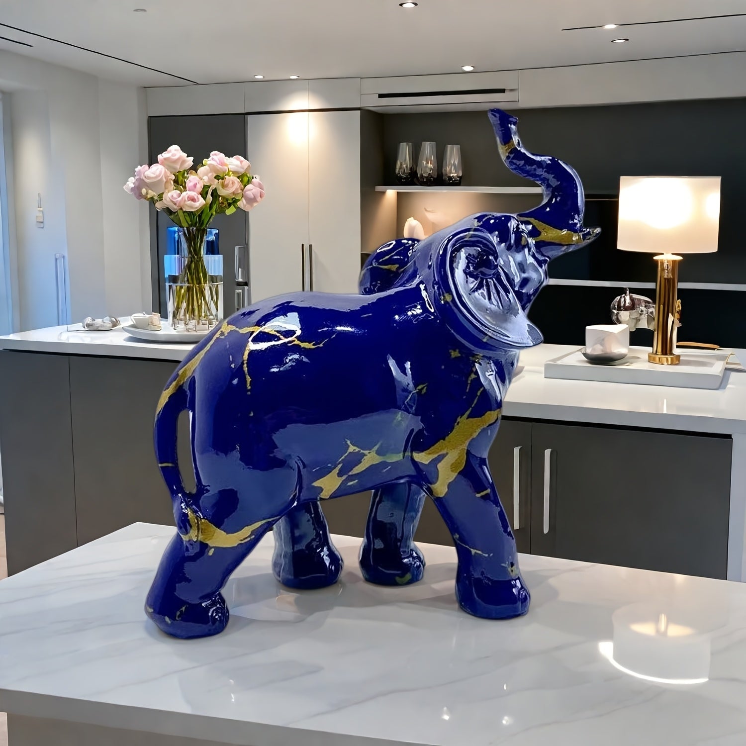 Tnessential Dark Blue Resin Elephant Statue with Golden Accents 3D Decor
