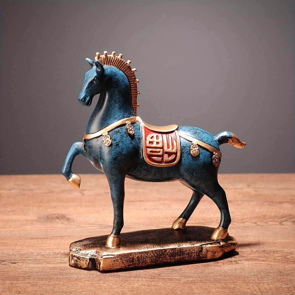 Tnessential Elegant Hand-painted Blue and Golden Horse Sculpture 3D Decor