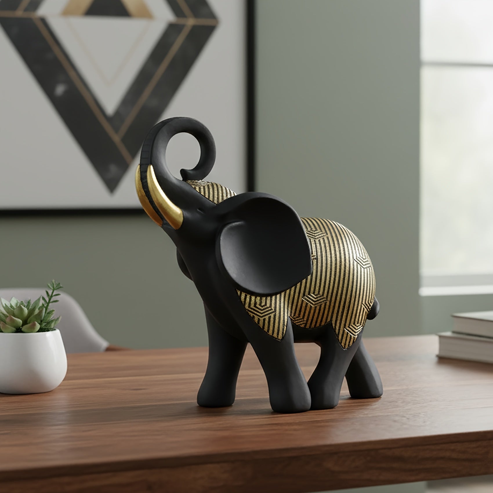 Tnessential Golden Striped Black Elephant Collectible Figurines 3D Decor