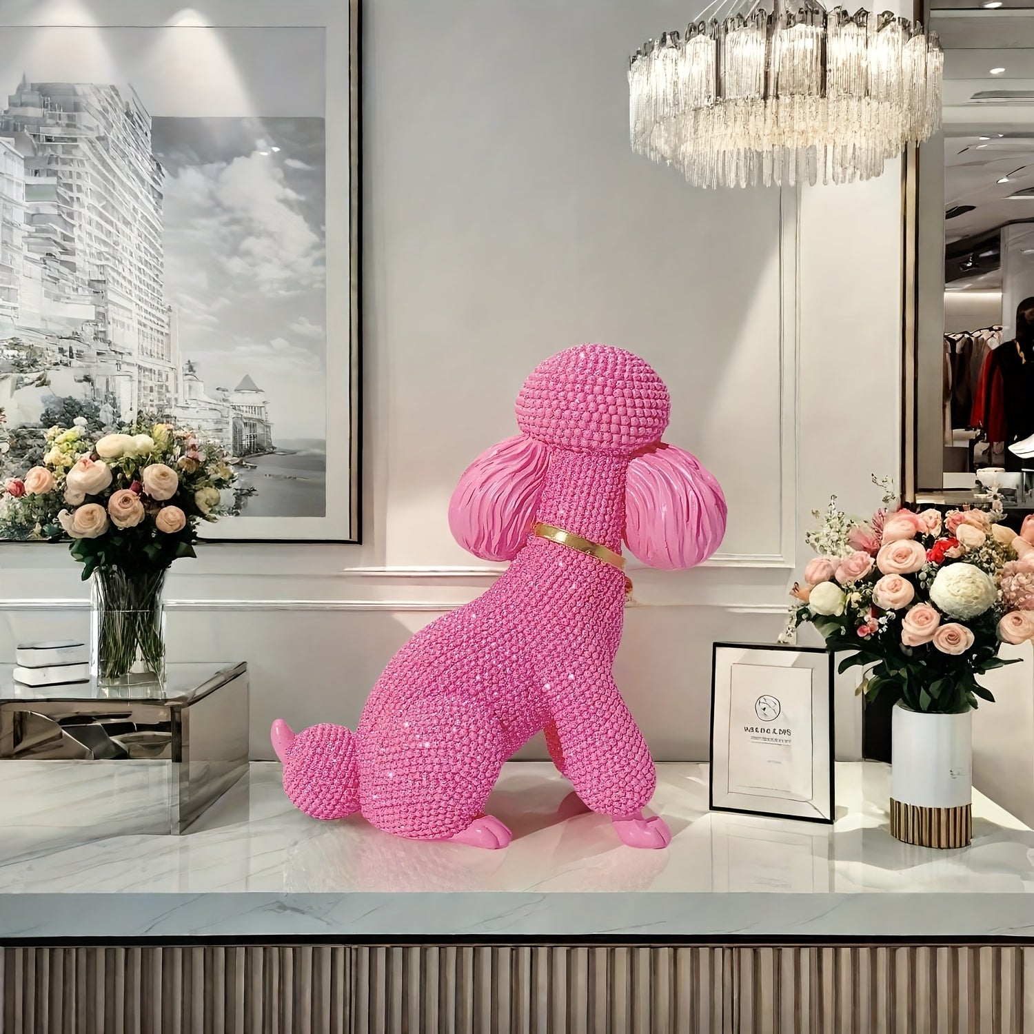 Tnessential Pink Dotted Bell Poodle Dog Statue Ornament 3D Decor