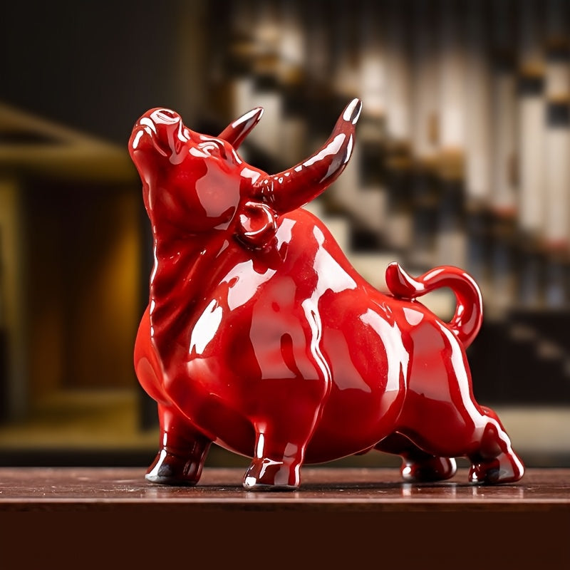 Tnessential Ceramic Red Zodiac Cow Tea Pet Decoration for Tabletop Ox 3D Decor