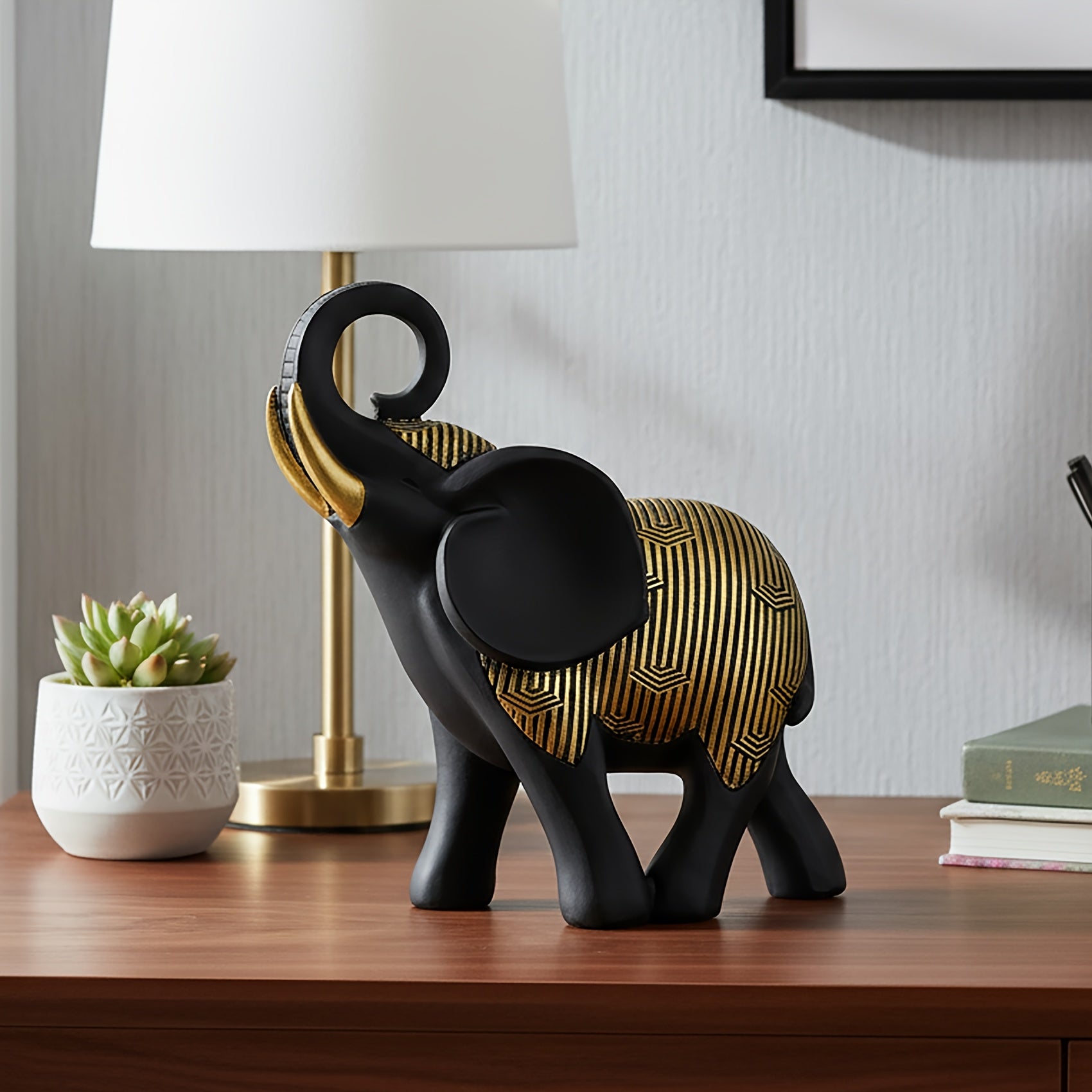 Tnessential Golden Striped Black Elephant Collectible Figurines 3D Decor