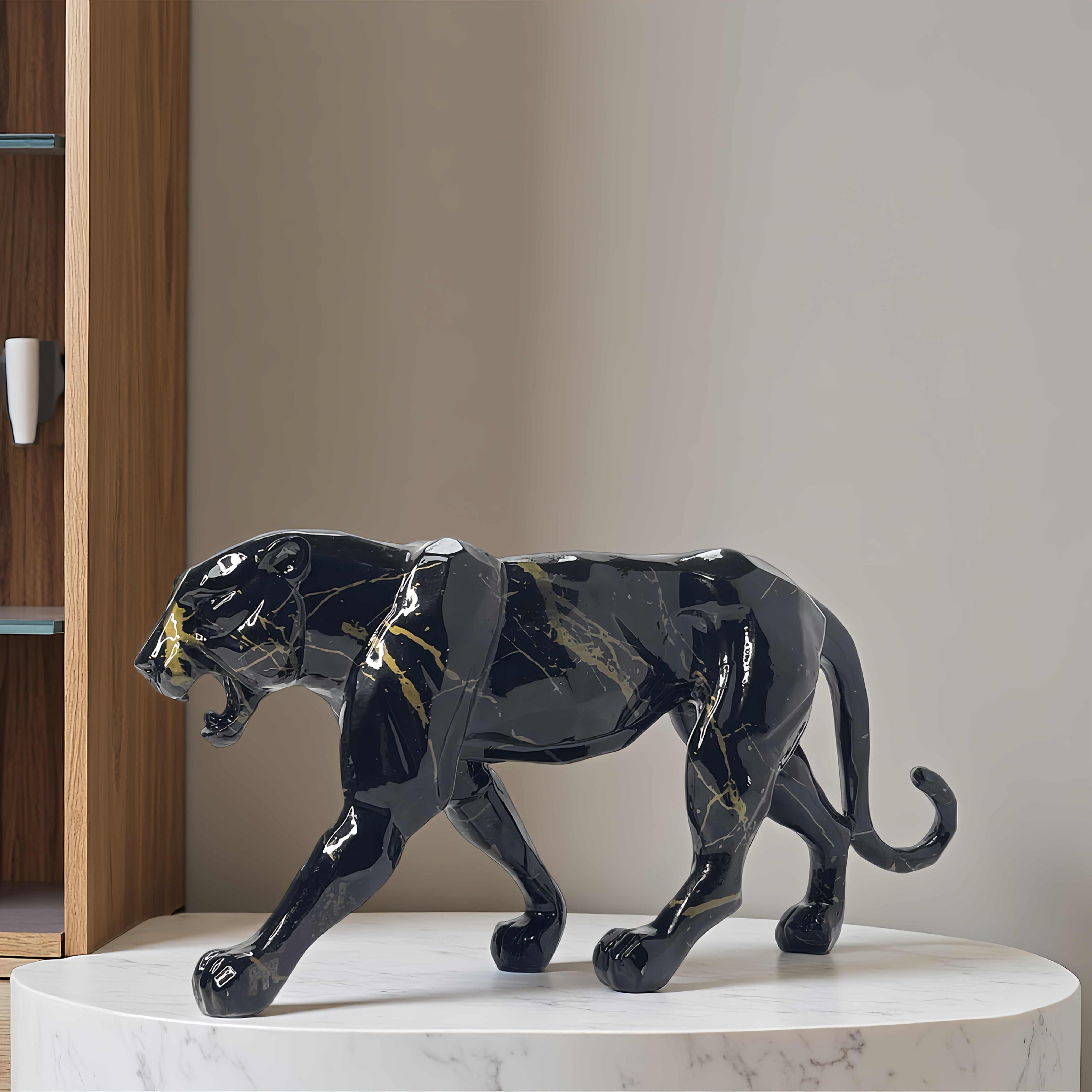 Tnessential Creative Black and Golden Cheetah Resin Statue 3D Decor