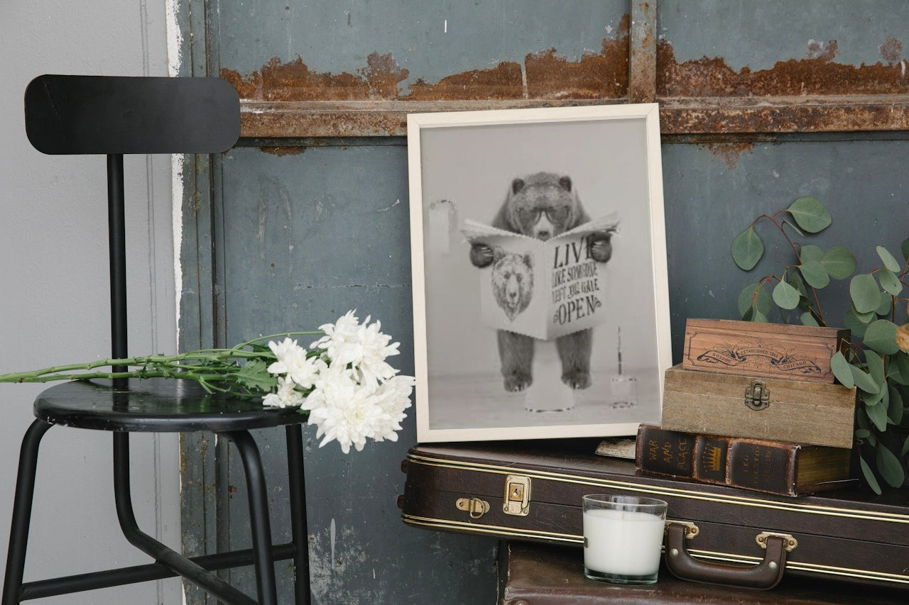 CUTE BEAR READING NEWS PAPER CANVAS POSTER