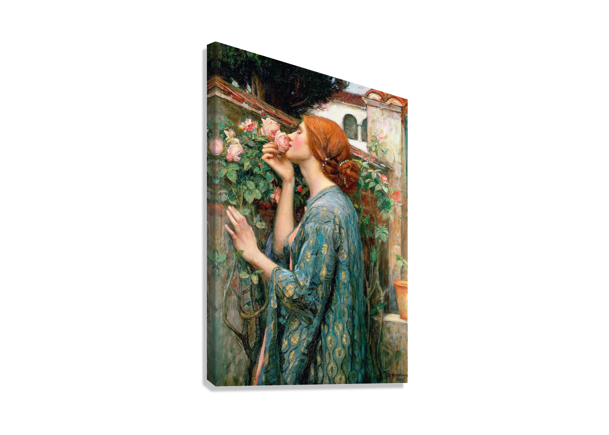 GIRL SMELLING FLOWER PAINTING CANVAS POSTER