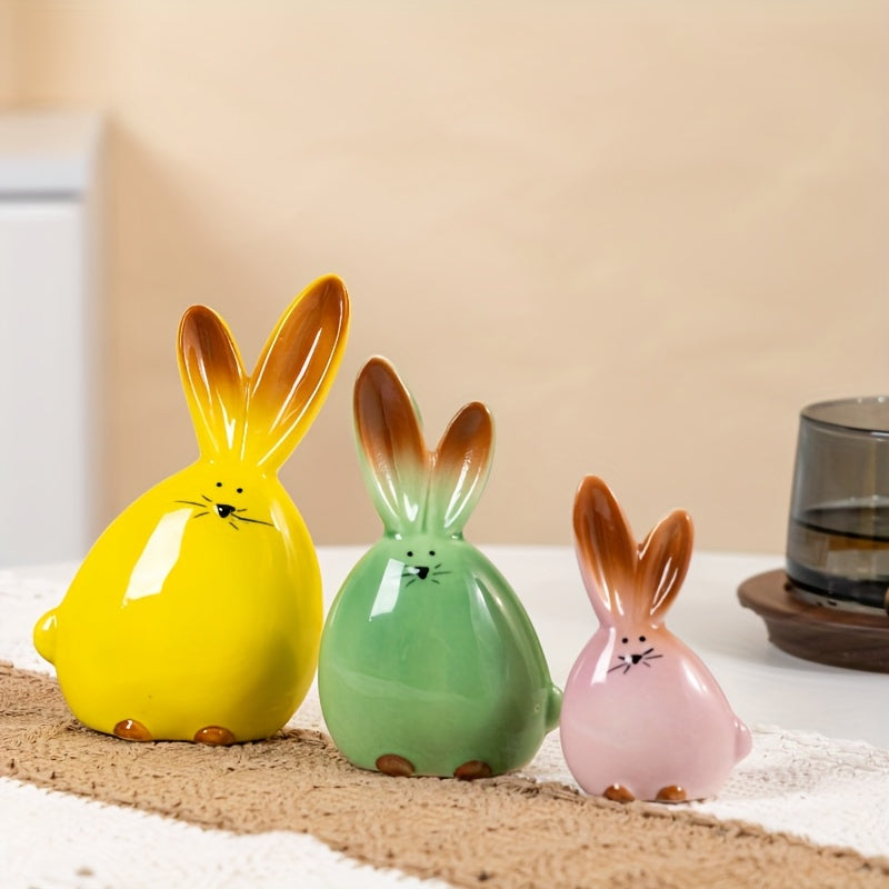 Tnessential Elegant Ceramic Rabbit Figurine Set of 3 with Rare Pink 3D Decor