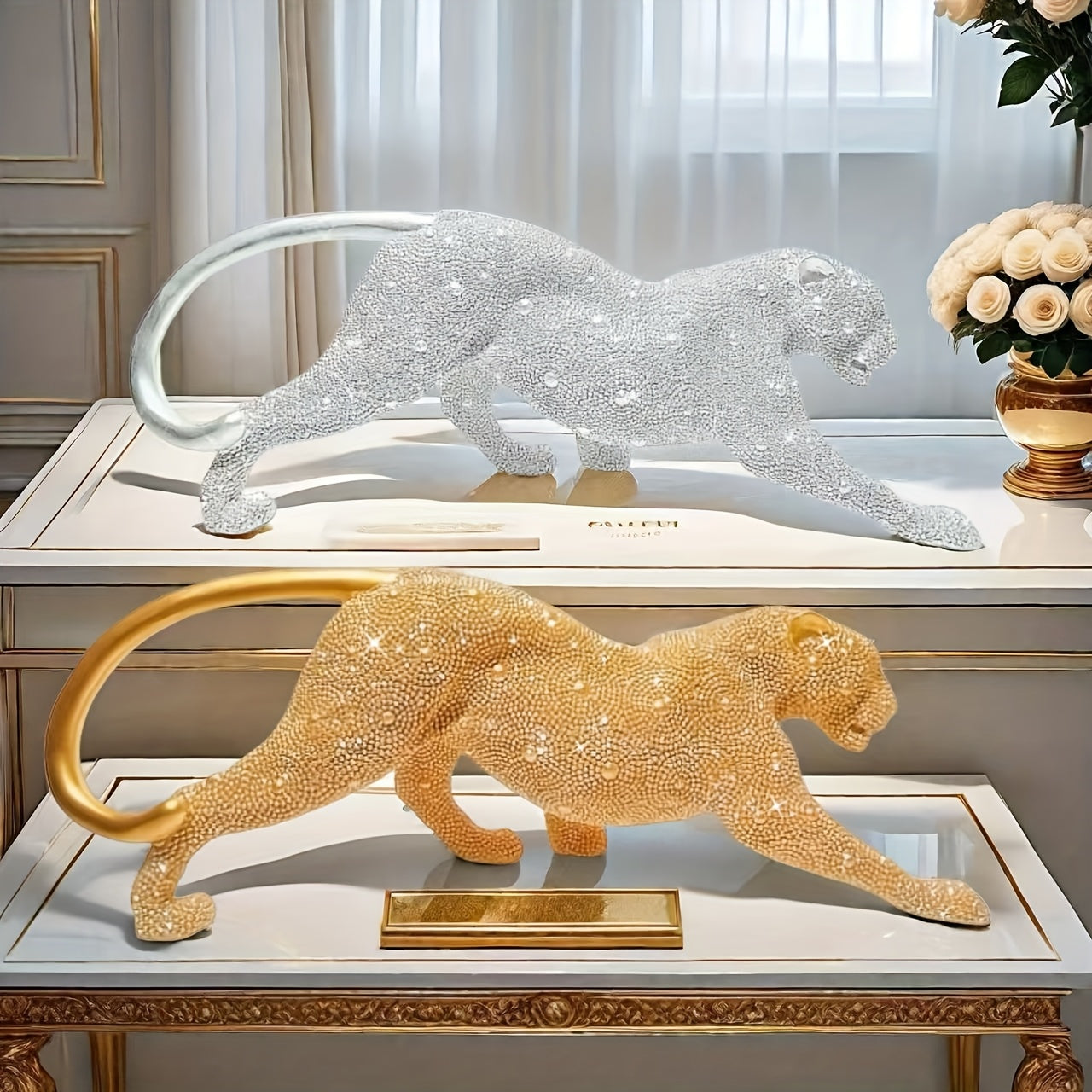 Tnessential Luxurious Golden Bead Leopard Resin Bead Art Sculpture 3D Decor