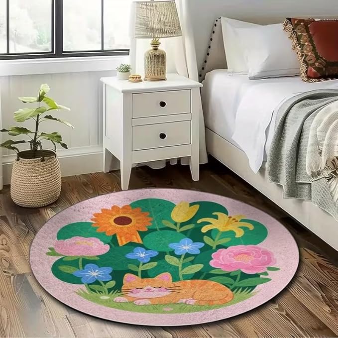 FLORAL CAT ROUND RUG
